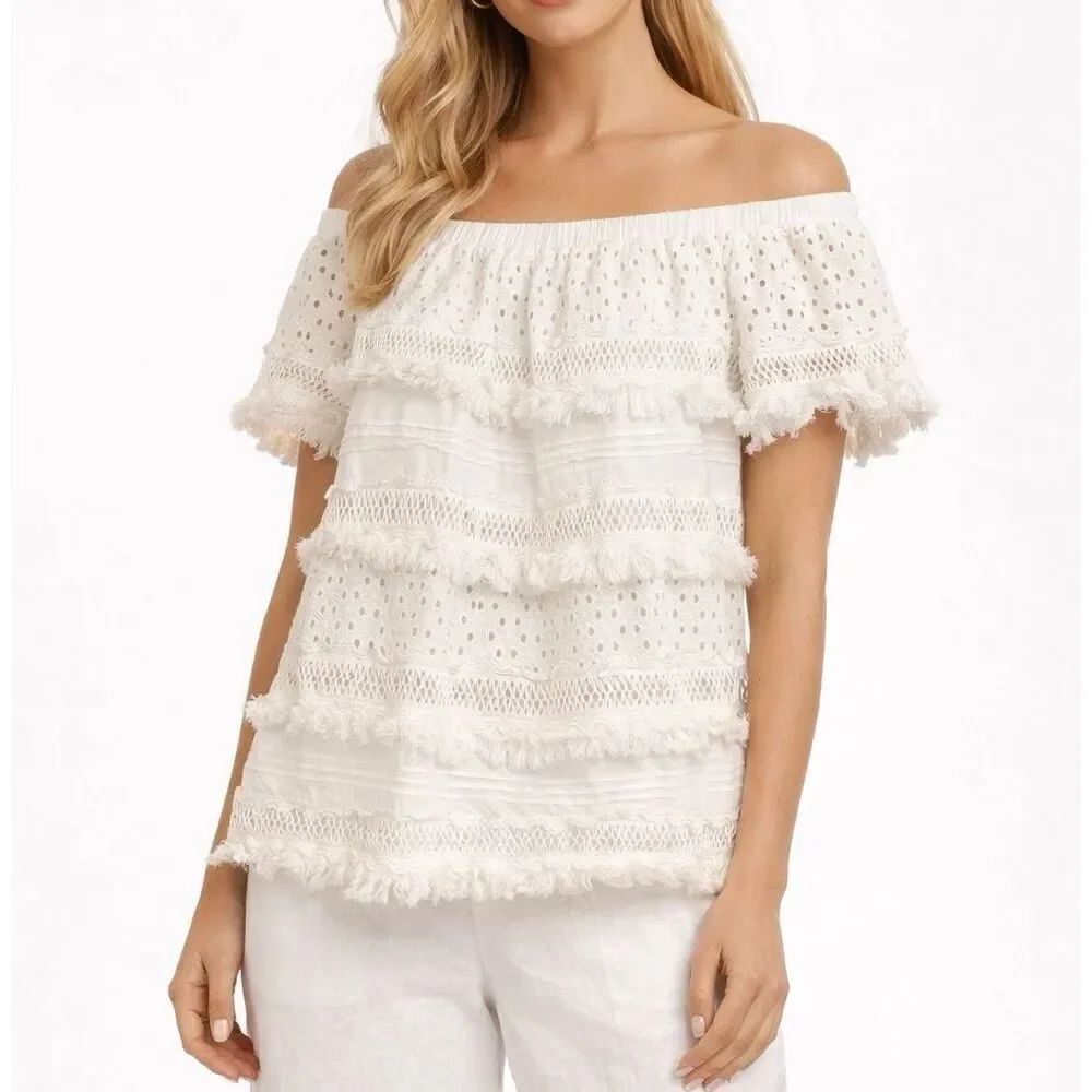 Chelsea & Theodore white ruffled eyelet fringe boho top large